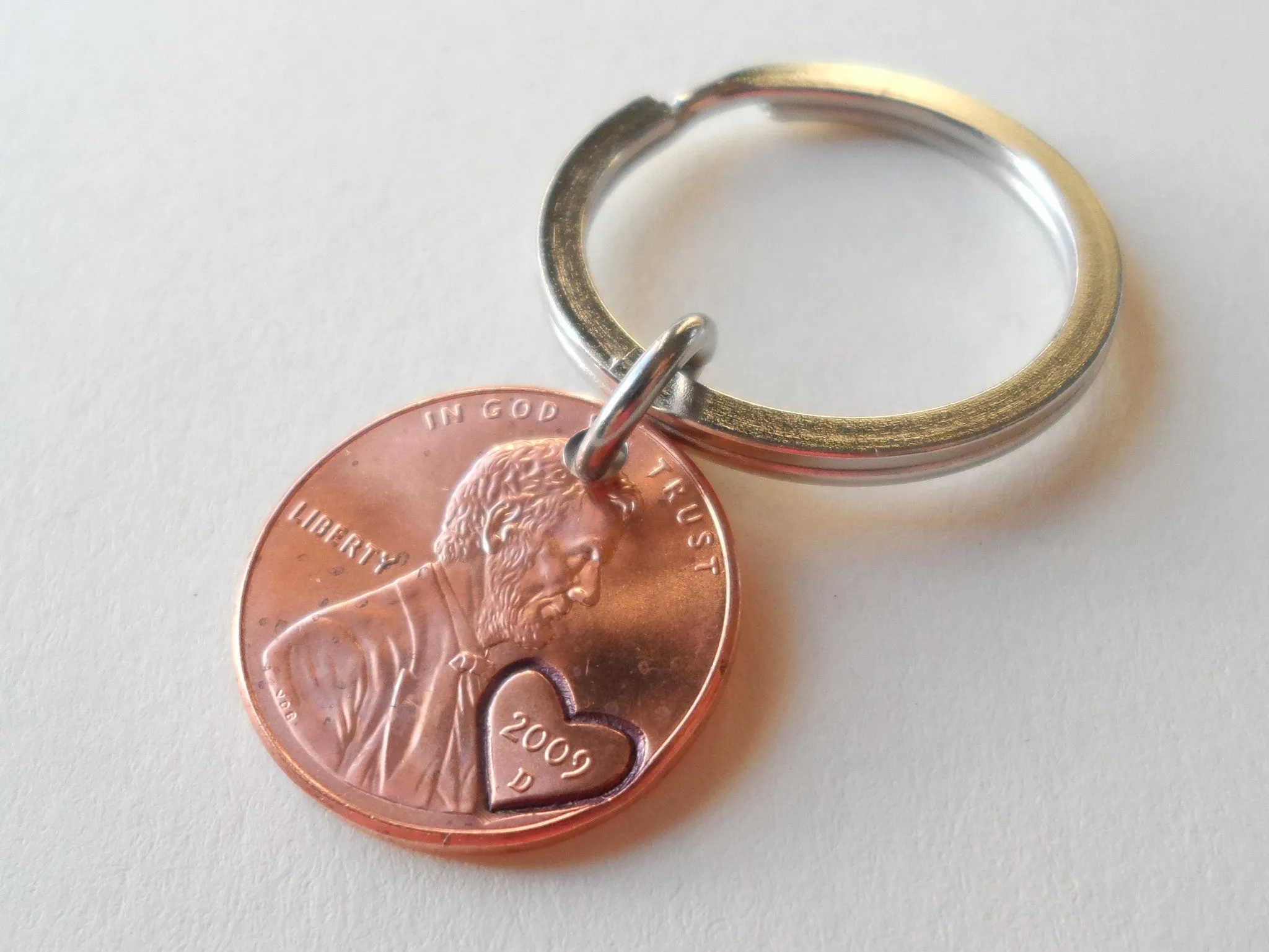 2009 Penny Keychain with Engraved Heart Around Year; 16 Year Anniversary, Couples Keychain