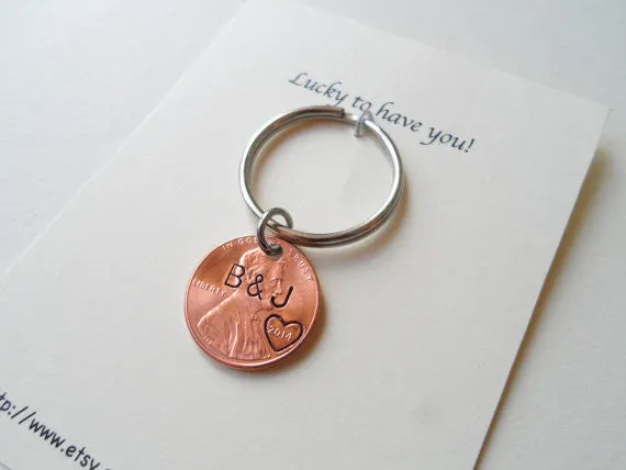 Anniversary Gift • Personalized Penny Keychain Stamped w/ Heart Around the Year w/ Option to Add Initials & Anniversary Date by Jewelry Everyday