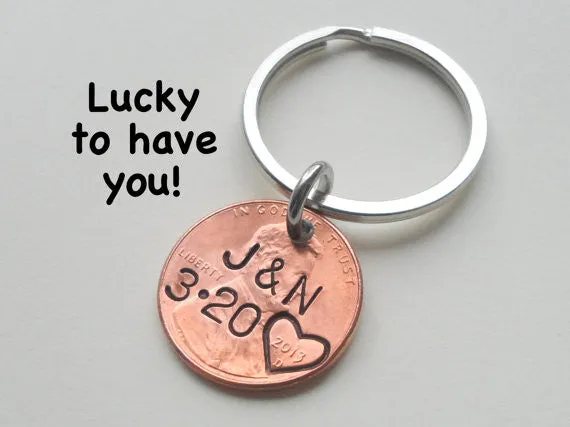 Anniversary Gift • Personalized Penny Keychain Stamped w/ Heart Around the Year w/ Option to Add Initials & Anniversary Date by Jewelry Everyday