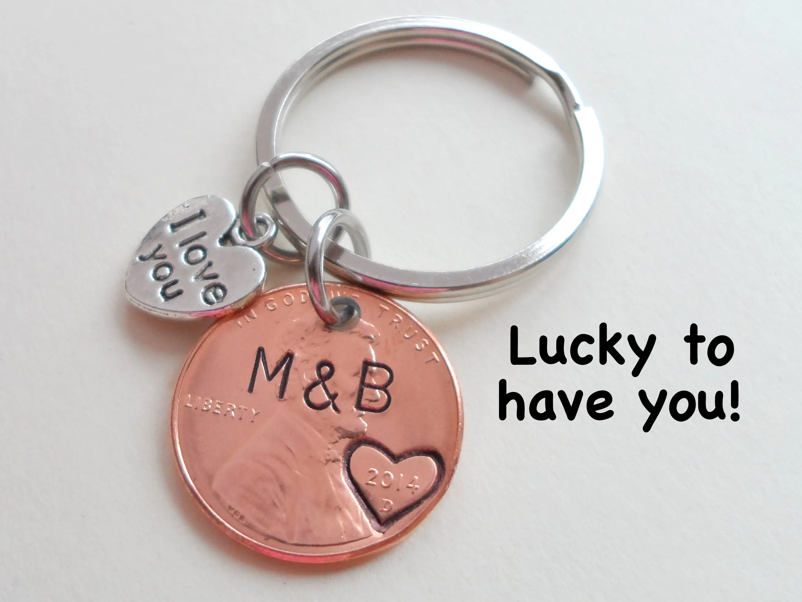 Anniversary Gift • Personalized Penny Keychain Stamped with Heart Around the Year & Initials and Anniversary Date & "I Love You" Heart Charm
