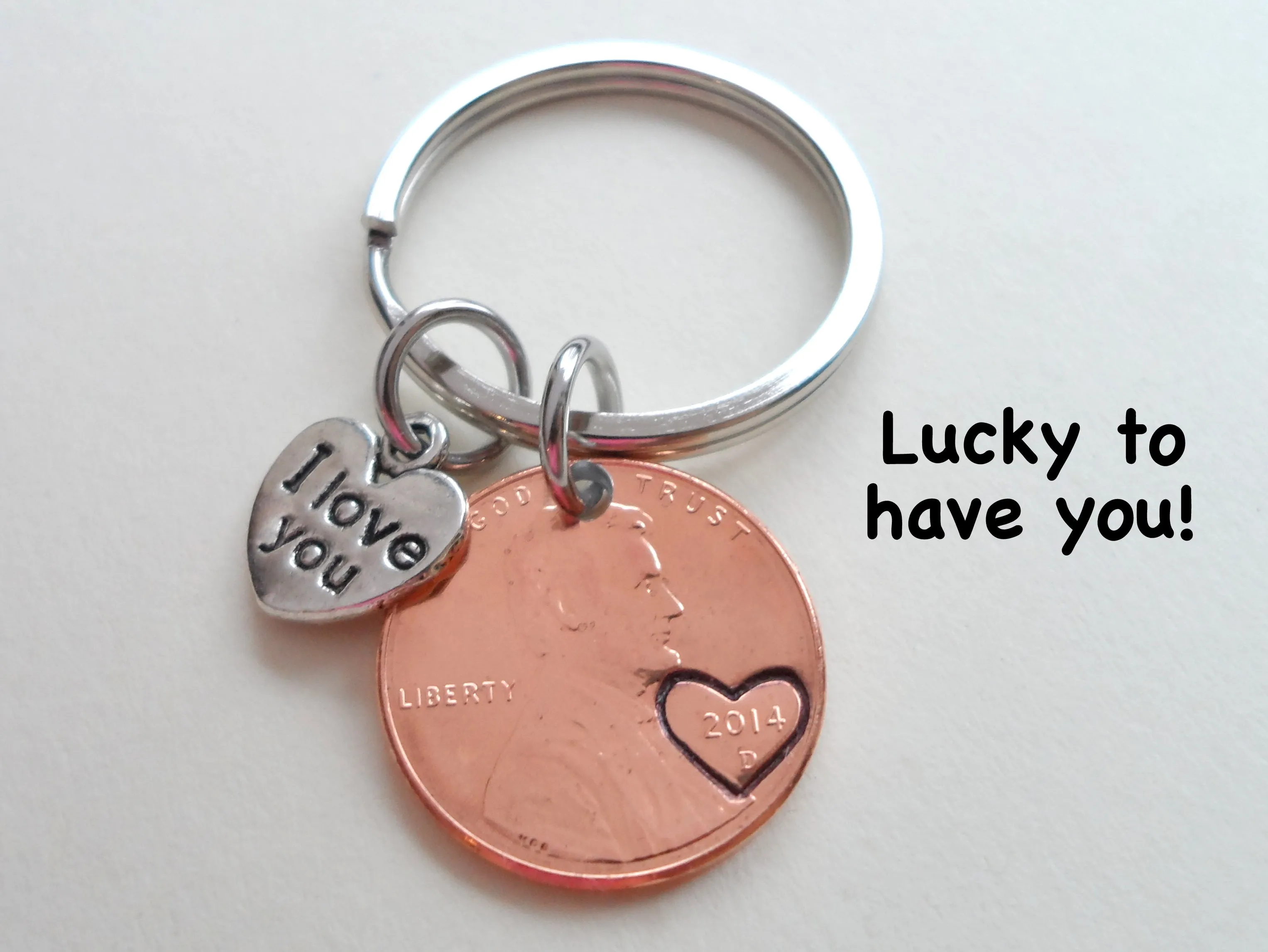 Anniversary Gift • Personalized Penny Keychain Stamped with Heart Around the Year & Initials and Anniversary Date & "I Love You" Heart Charm