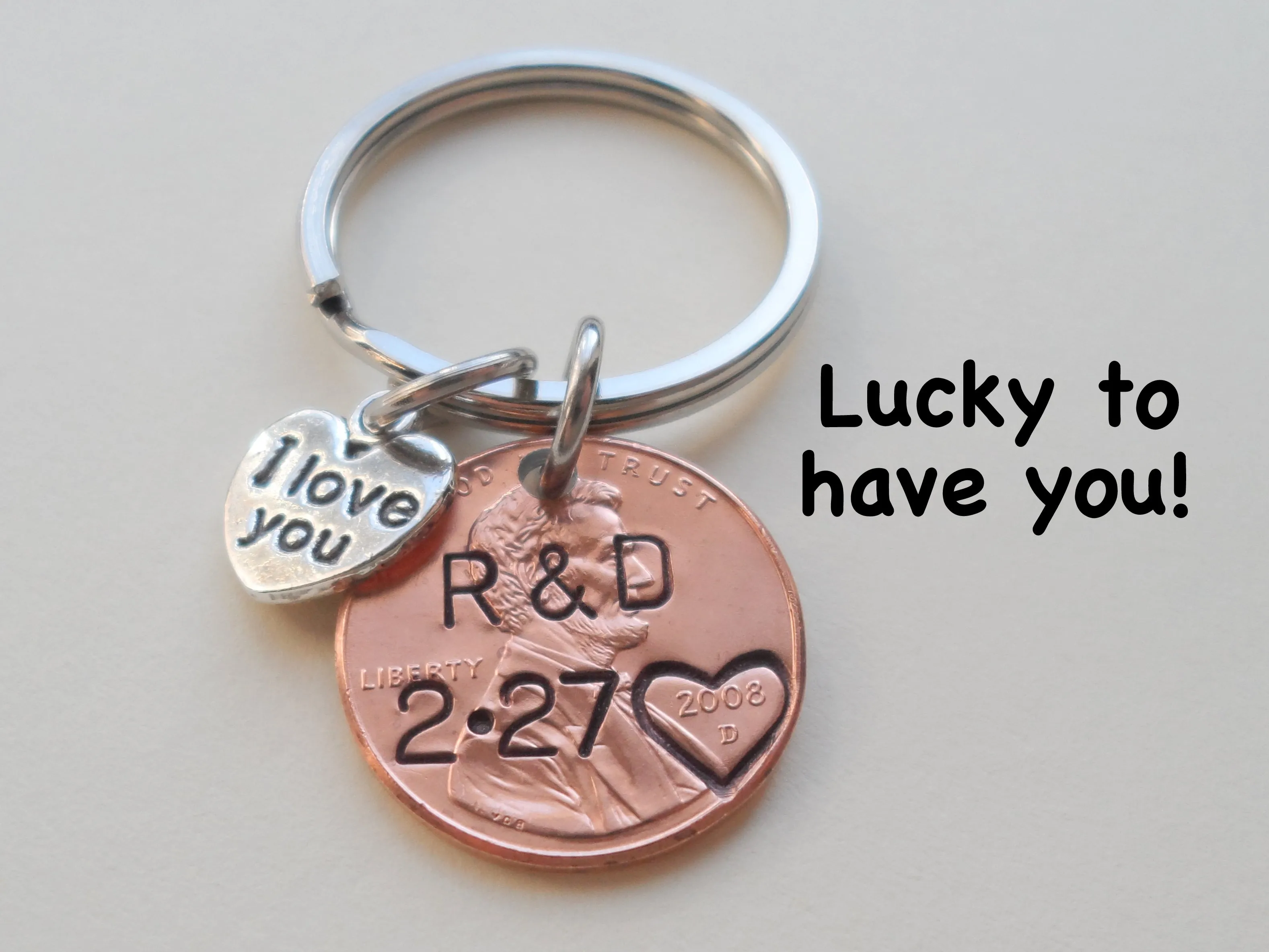 Anniversary Gift • Personalized Penny Keychain Stamped with Heart Around the Year & Initials and Anniversary Date & "I Love You" Heart Charm