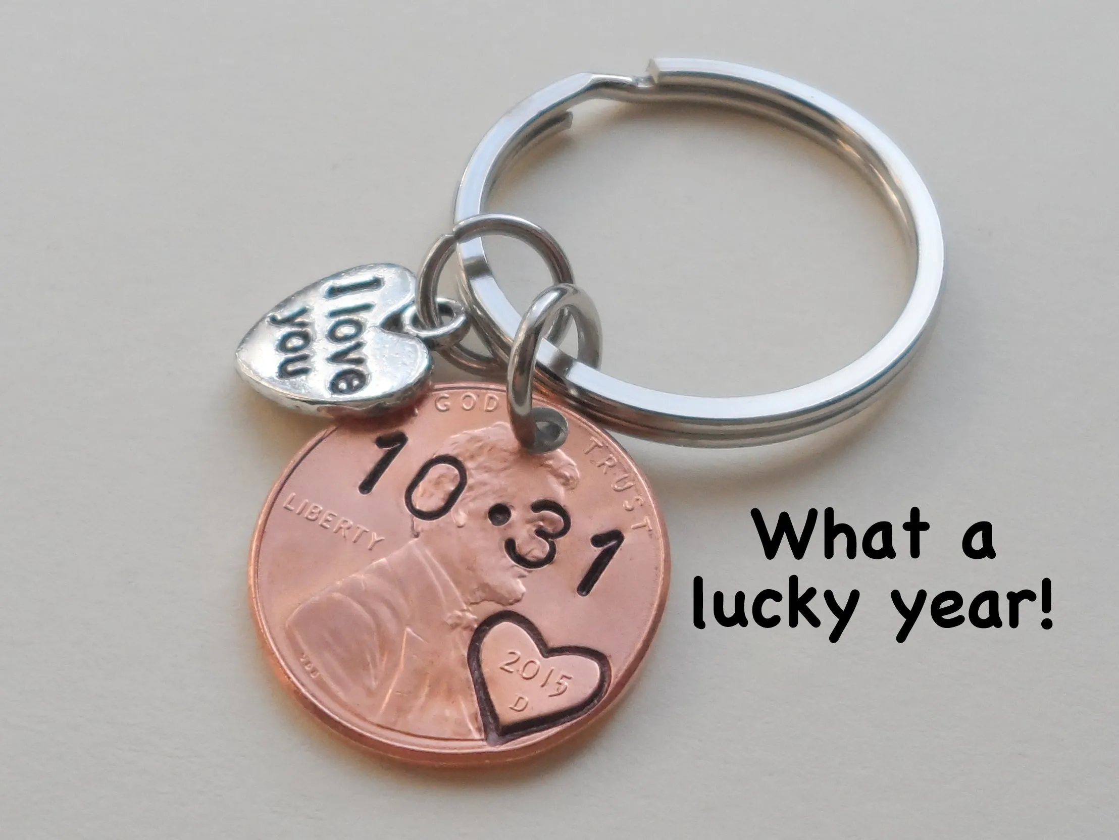 Anniversary Gift • Personalized Penny Keychain Stamped with Heart Around the Year & Initials and Anniversary Date & "I Love You" Heart Charm