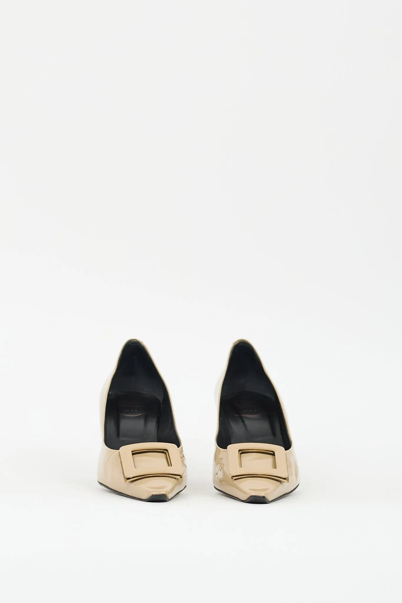 Beige Patent Leather Trompette Buckle Pump