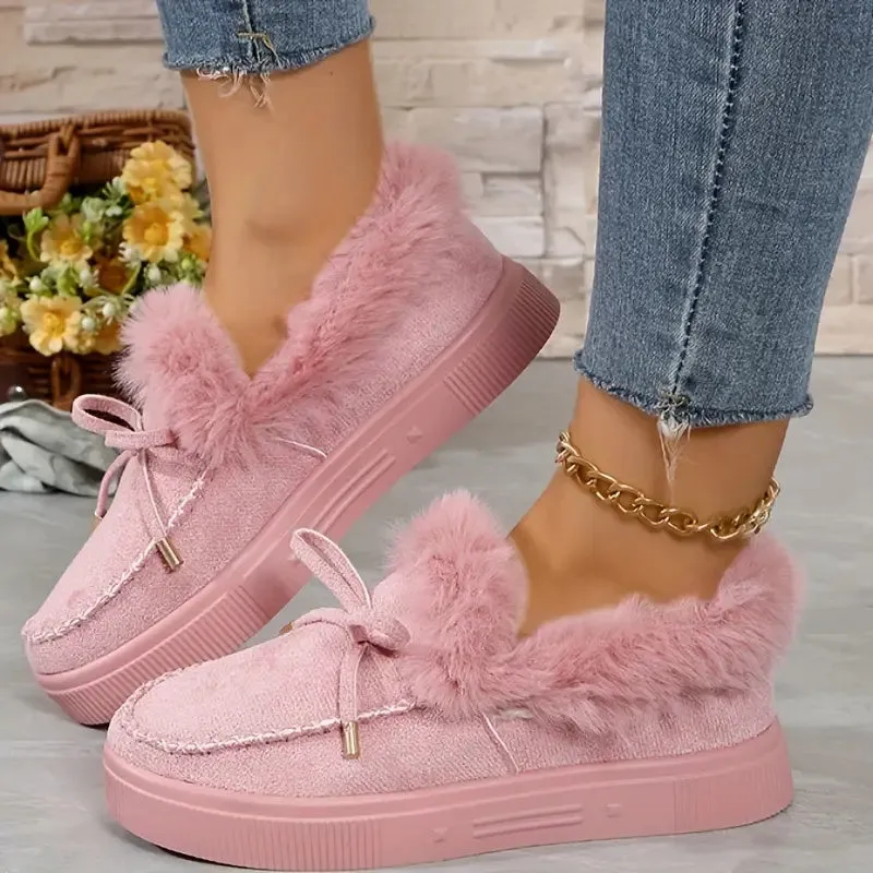 Bow Furry Round Toe Flat Slip-Ons (multiple color options)