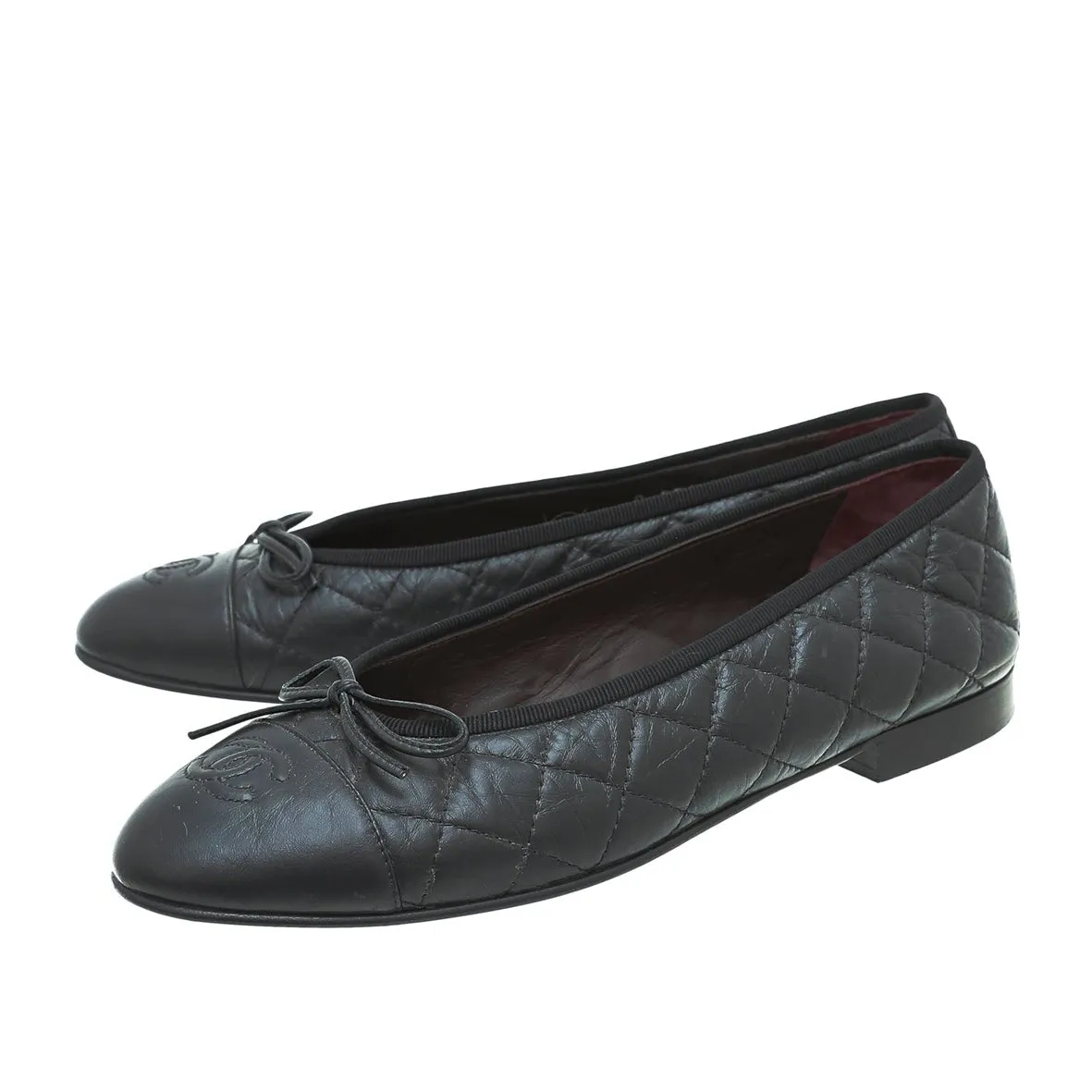 Chanel Black CC Cap Toe Quilted Flat Ballerina 38.5