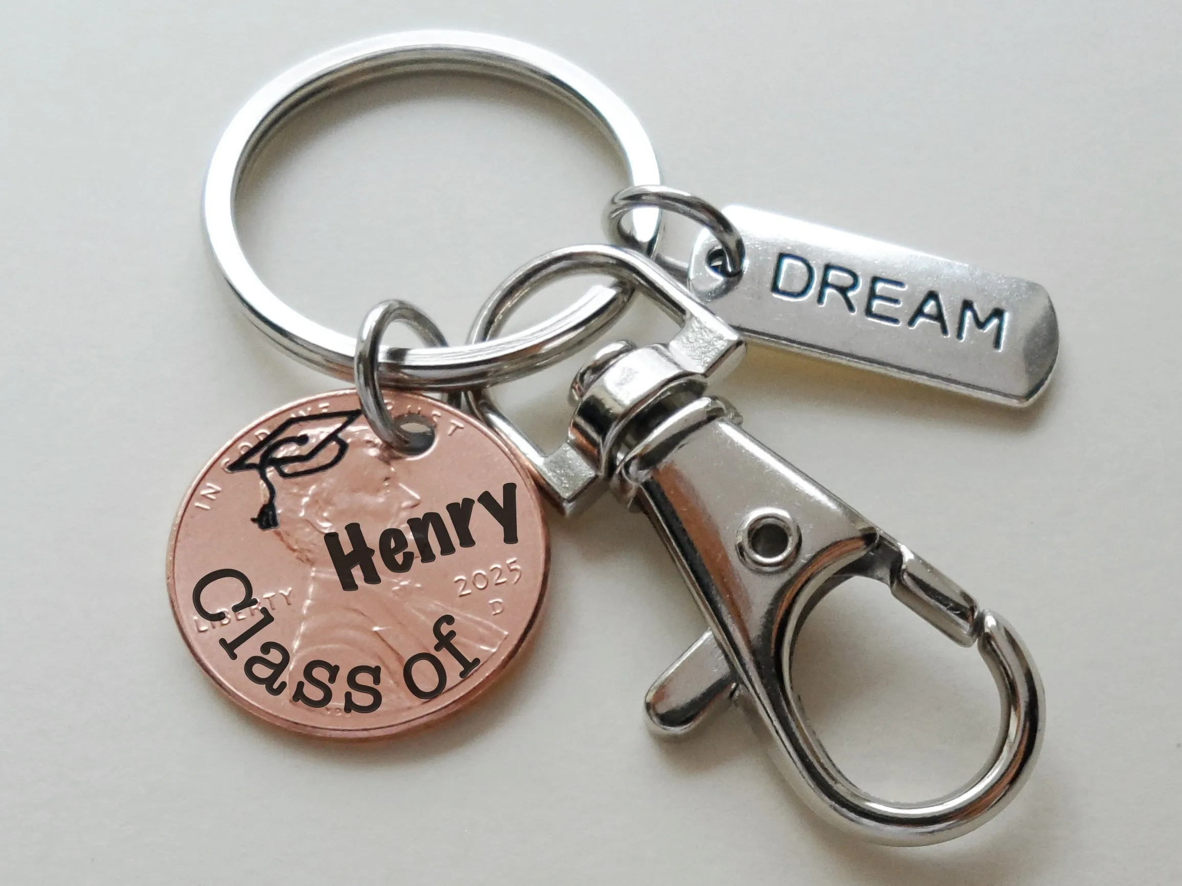Custom "Class of" & Cap Engraved 2025 Penny Keychain with Dream Charm, Clasp, Personalized Option by Jewelry Everyday