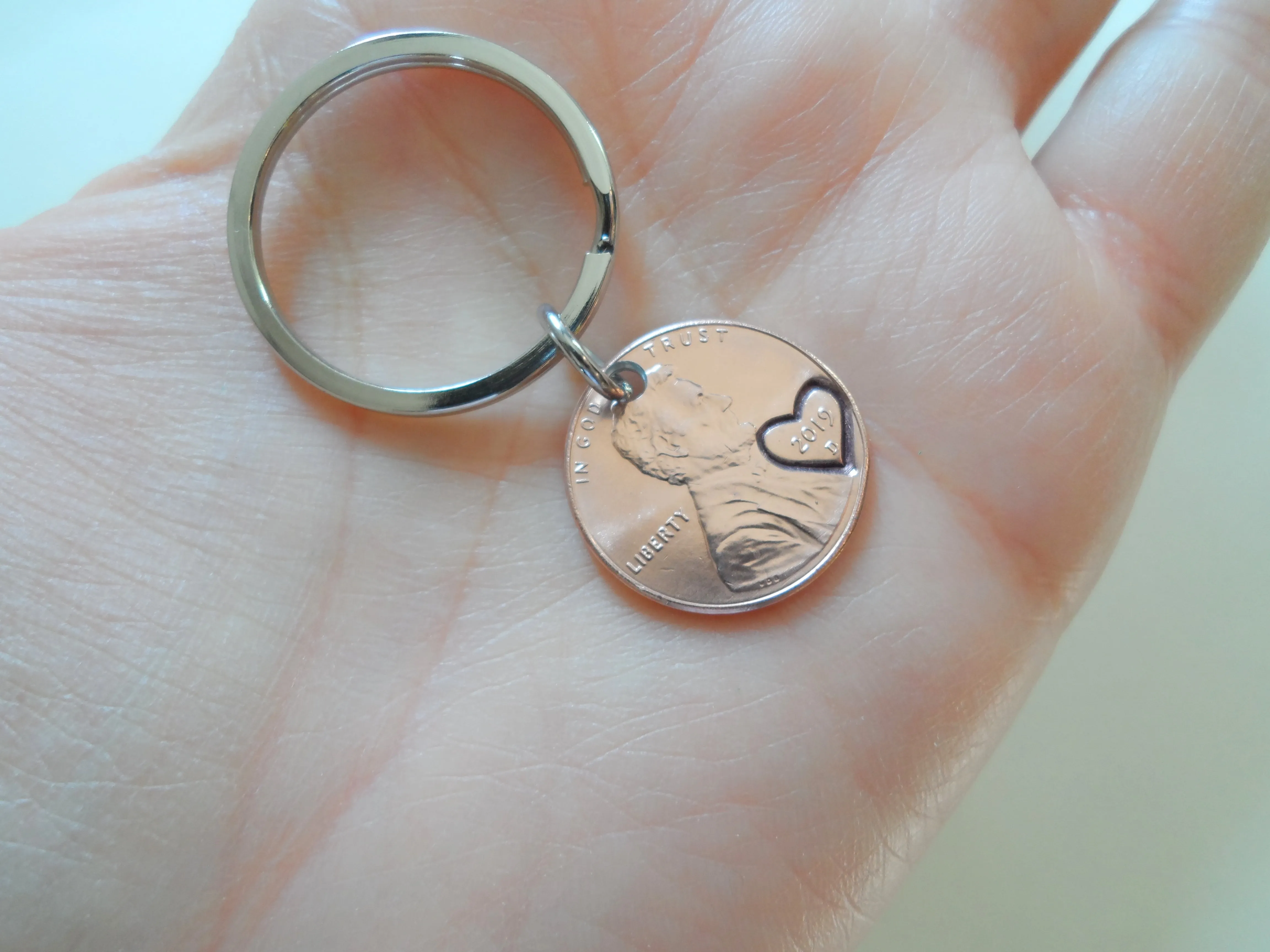 Double Keychain Set 2019 US One Cent Penny Keychains with Heart Around Year; 6 Year Anniversary Gift, Couples Keychain