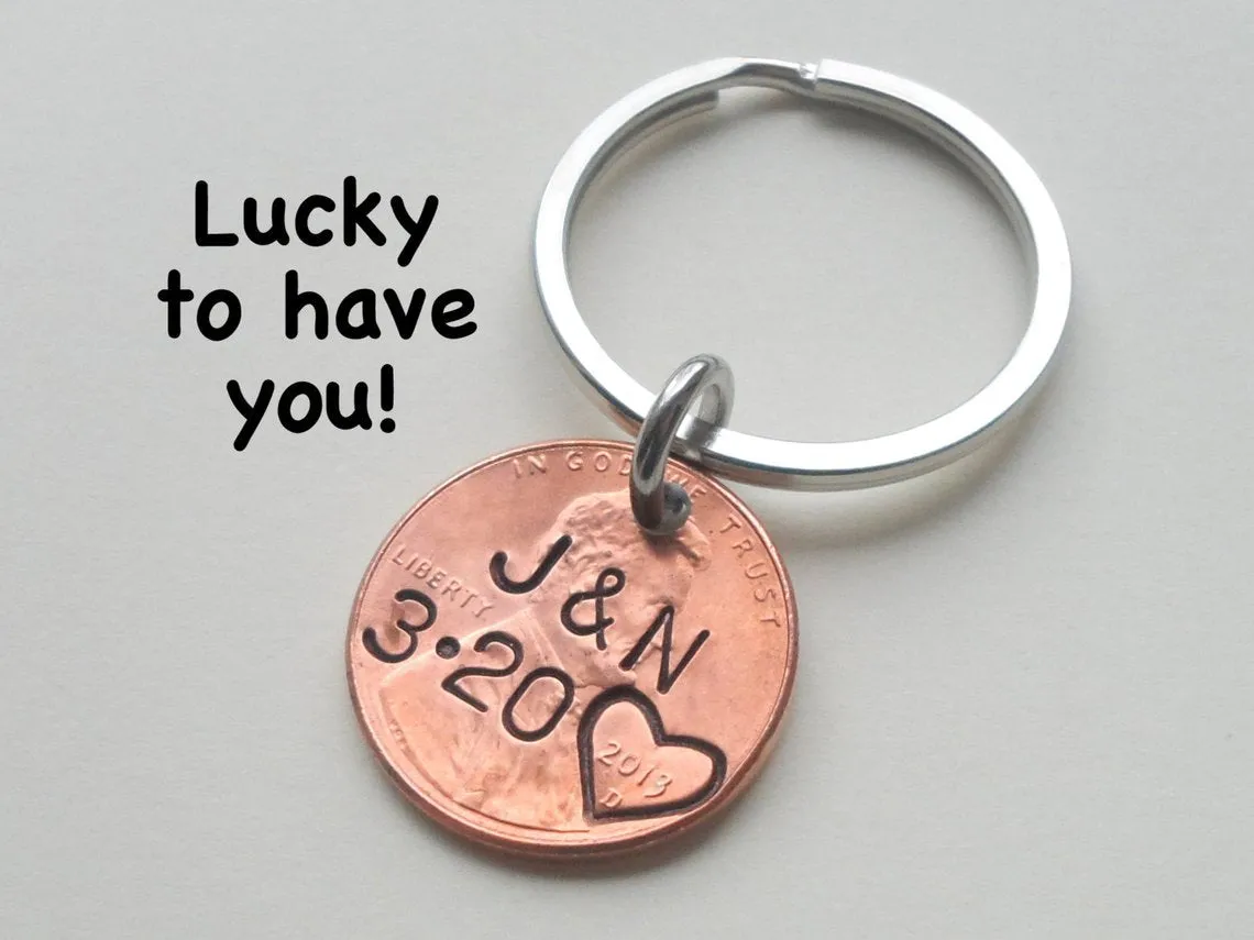 Double Keychain Set 2019 US One Cent Penny Keychains with Heart Around Year; 6 Year Anniversary Gift, Couples Keychain