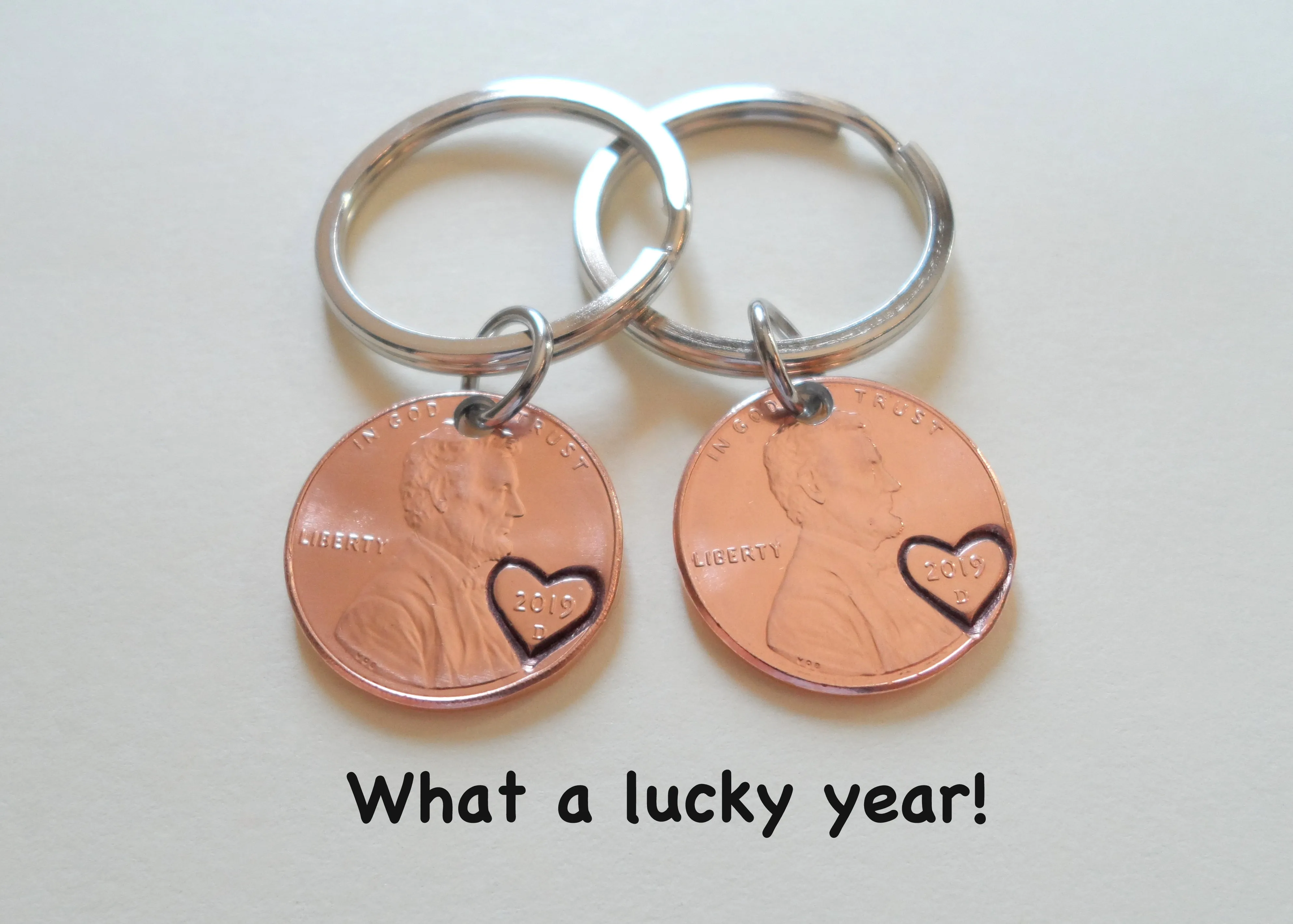 Double Keychain Set 2019 US One Cent Penny Keychains with Heart Around Year; 6 Year Anniversary Gift, Couples Keychain