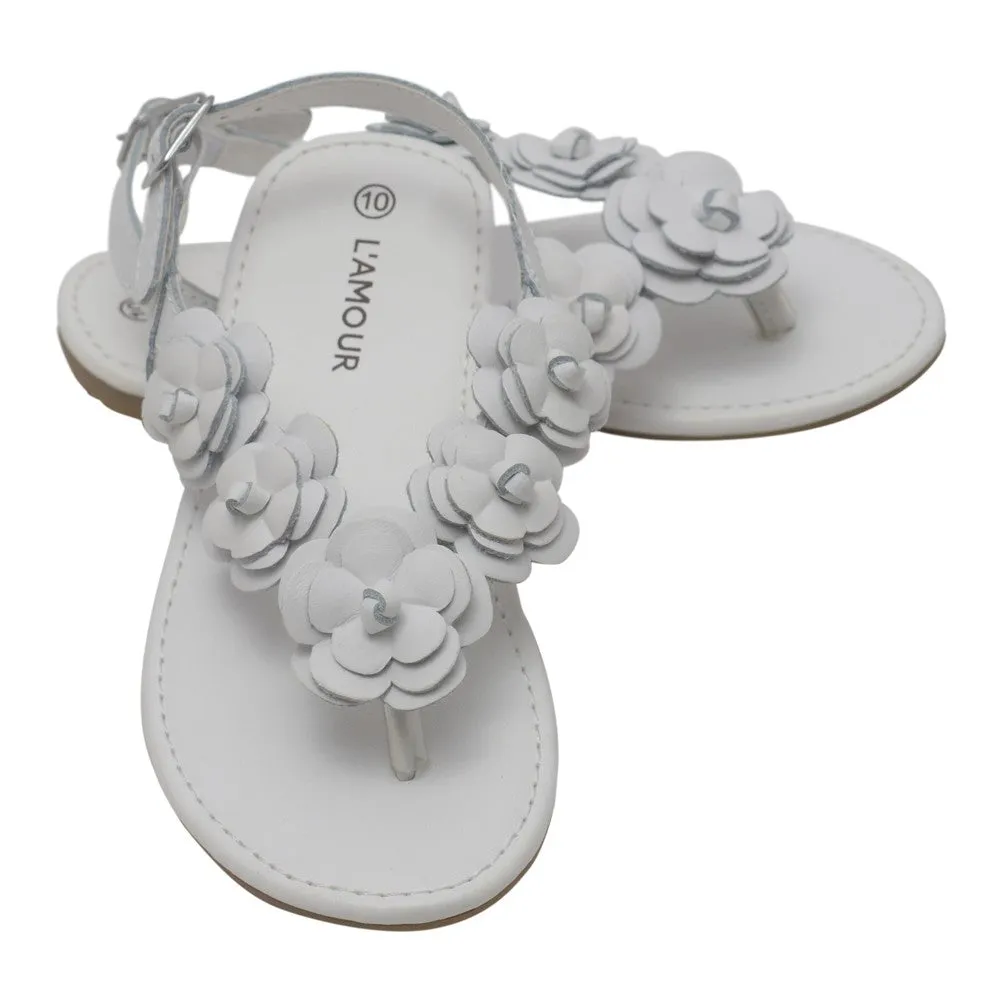 Girls White Flower Blossom Accent Buckle Thong Sandals 11-4 Kids