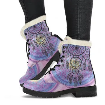Lavender Dream Catcher Print on Demand Artwork Women's Fur Trimmed Combat Style Boots