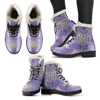 Lavender Dream Catcher Print on Demand Artwork Women's Fur Trimmed Combat Style Boots