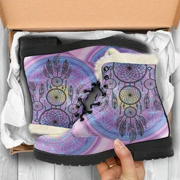 Lavender Dream Catcher Print on Demand Artwork Women's Fur Trimmed Combat Style Boots