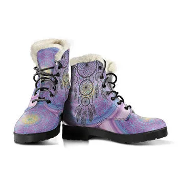 Lavender Dream Catcher Print on Demand Artwork Women's Fur Trimmed Combat Style Boots