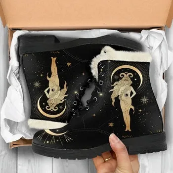 Moon Goddess Print on Demand Artwork Women's Fur Trimmed Combat Style Boots