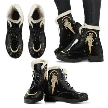 Moon Goddess Print on Demand Artwork Women's Fur Trimmed Combat Style Boots
