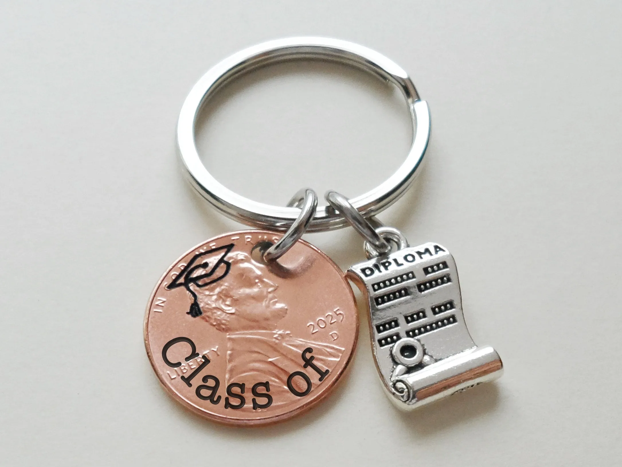 "Class Of" Engraved 2025 Penny Keychain with Engraved Graduate Cap & with Diploma Charm by Jewelry Everyday