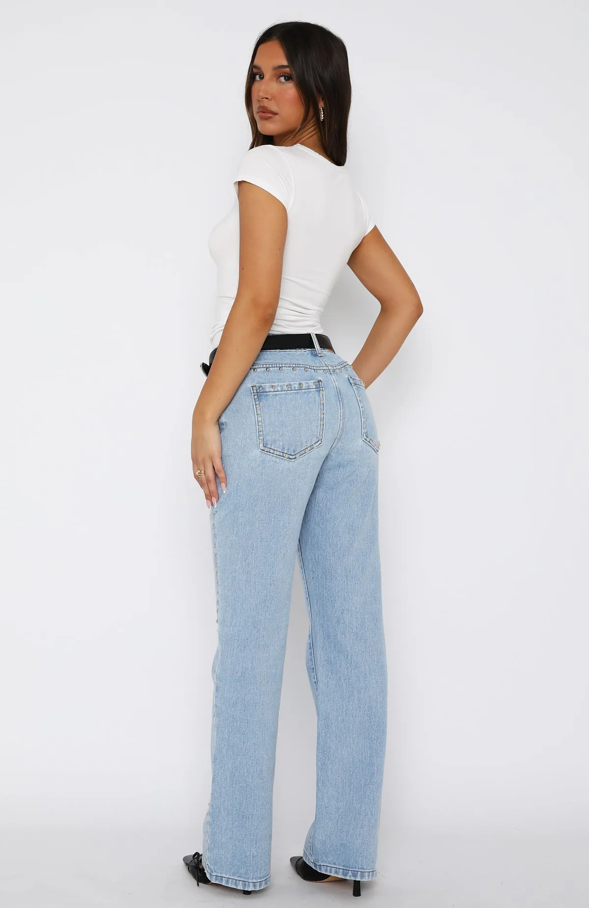 Unmatched Studded Mid Rise Straight Leg Jeans Cerulean Wash